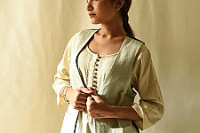Mashru & Denim Jacket | Reversible - Off White With Green Dots