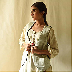 Mashru & Denim Jacket | Reversible - Off White With Green Dots