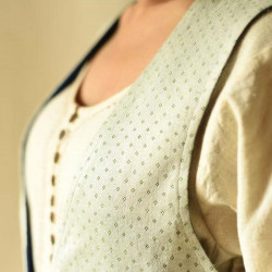 Mashru & Denim Jacket | Reversible - Off White With Green Dots