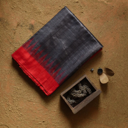 Kamakshi | Pure Tussar Silk Saree - Black With Red Border