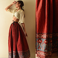Flowers in a River | Ajrakh Prints Long Skirt / Ghagra With Natural Dyed - Maroon