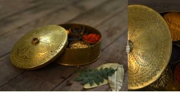 Ahar ✽ Brass ~ Spice box - Six jars inside  ( 6" x 6" x 3" Small Masala Daan )