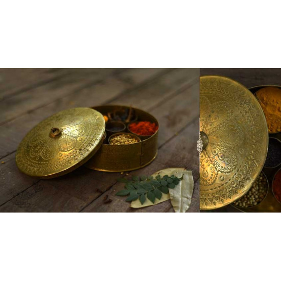 Ahar ✽ Brass ~ Spice Jar - Six jars inside  ( 6 x 6 x 3 Small Masaldaan )