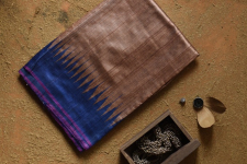 Kamakshi | Pure Tussar Silk Saree - Silver Brown With Blue Border