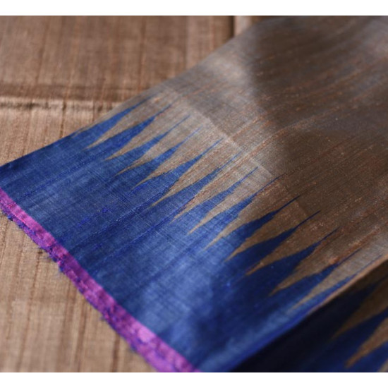 shop Handwoven Pure Tussar Silk Saree - Silver Brown With Blue Border