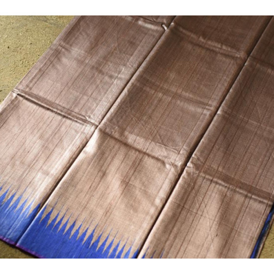 shop Handwoven Pure Tussar Silk Saree - Silver Brown With Blue Border