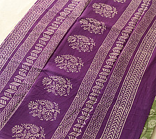 Indigenous Impressions ❣ Bagru Block Printed Cotton Green Saree With Purple Pallu