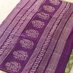 Indigenous Impressions ❣ Bagru Block Printed Cotton Green Saree With Purple Pallu