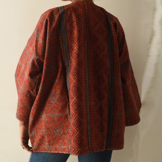 shop Reversible Ajrakh & Denim Jacket With Kantha Stitch