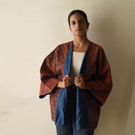 shop Reversible Ajrakh & Denim Jacket With Kantha Stitch