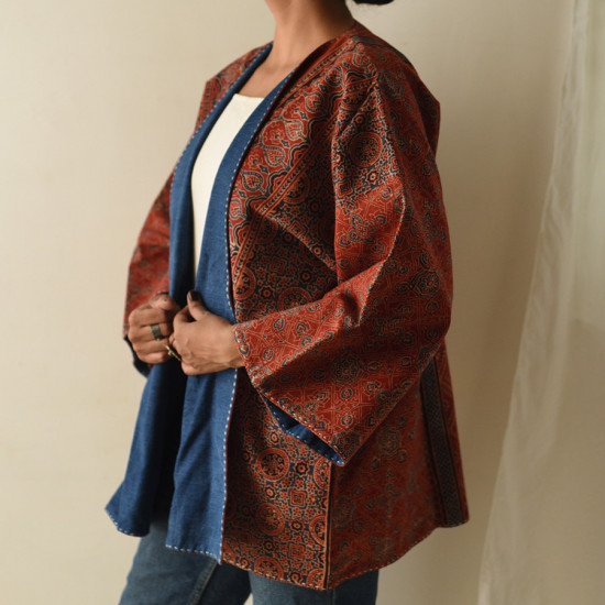 shop Reversible Ajrakh & Denim Jacket With Kantha Stitch