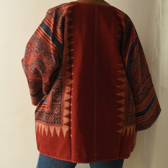 shop Reversible Ajrakh Block Printed & Denim Jacket  - Red