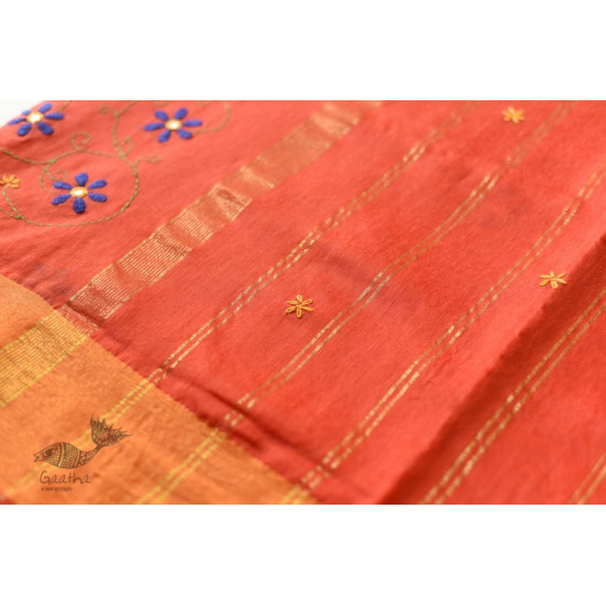 Shop Embroidery On Chanderi Saree - Terracotta Color