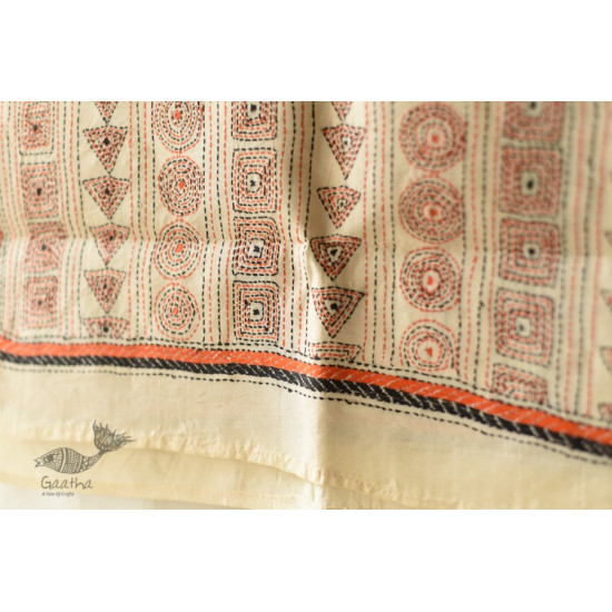 Hand Embroidered Kantha Silk Stole - Zig Zag & Triangles 