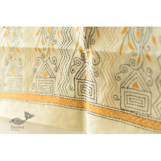 Kantha Embroidered Silk Stole with Yellow Zig Zag