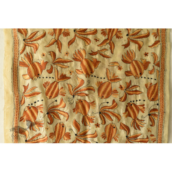 Kantha Tussar Silk Stole - Fish Hand Embroidery