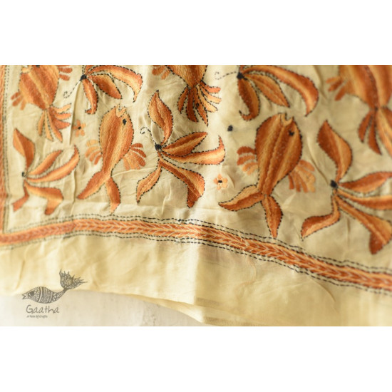 Kantha Tussar Silk Stole - Fish Hand Embroidery