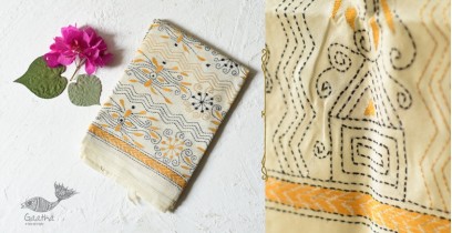 Pushparam . पुष्पारम | Kantha Embroidered Silk Stole - Yellow Zig Zag