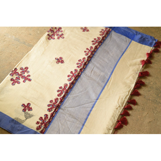 Shop Applique Cotton Saree With Blue Border