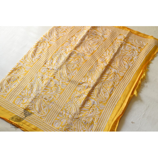 shop Kantha Embroidery ~ Lime Yellow Silk Saree