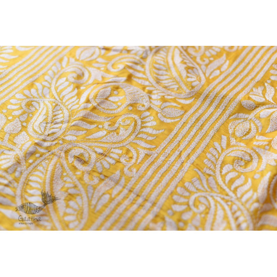 shop Kantha Embroidery ~ Lime Yellow Silk Saree