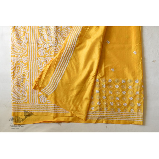 shop Kantha Embroidery ~ Lime Yellow Silk Saree