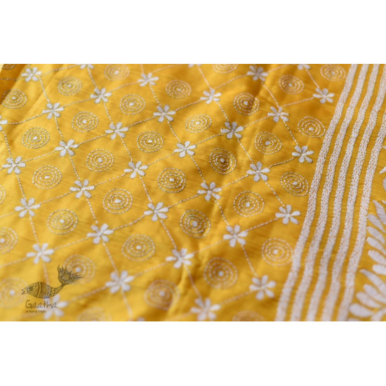 shop Kantha Embroidery ~ Lime Yellow Silk Saree