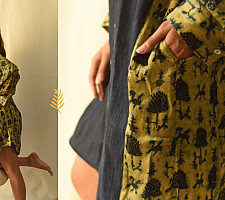 Modal Silk Ajrakh Prints & Denim Dress / Long Shirt