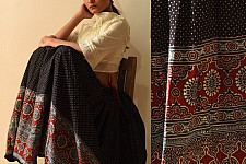 Flowers in a River | Ajrakh printed Long Skirt With Natural Dyed - Black & Red