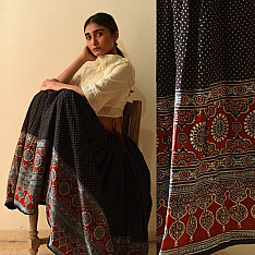 Flowers in a River | Ajrakh printed Long Skirt With Natural Dyed - Black & Red