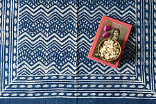 A finite infinity ❧ Indigo Natural Color Dhurrie ( 5 X 3 ) - Dabu Printed 