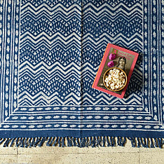 A finite infinity ❧ Indigo Natural Color Dhurrie ( 5 X 3 ) - Dabu Printed 