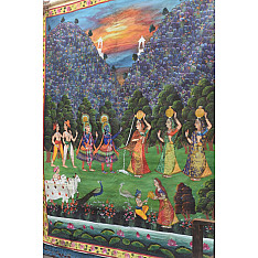 Old Antique Pichwai Painting - Krishna With Panihari