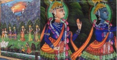 Old Antique Pichwai Painting - Krishna With Panihari