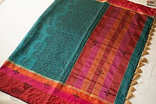 Ramaa . रमा | Hand Embroidered & Block Printed Silk Saree - Bottle Green