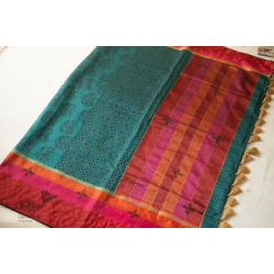 Ramaa . रमा | Hand Embroidered & Block Printed Silk Saree - Bottle Green