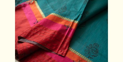 Ramaa . रमा | Hand Embroidered & Block Printed Silk Saree - Dark Green