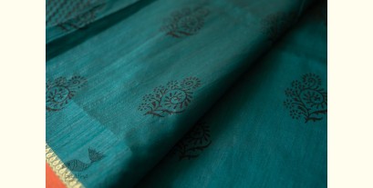 Ramaa . रमा | Hand Embroidered & Block Printed Silk Saree - Dark Green