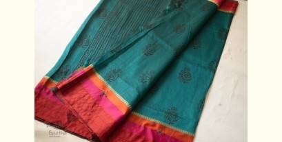 Ramaa . रमा | Hand Embroidered & Block Printed Silk Saree - Dark Green