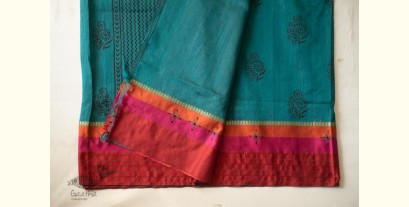 Ramaa . रमा | Hand Embroidered & Block Printed Silk Saree - Dark Green