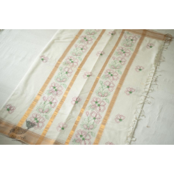 Ramaa . रमा | Kantha Embroidered Silk Saree With Resham Border - White