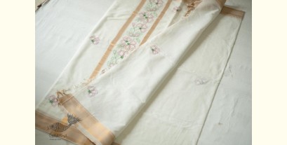 Ramaa . रमा | Kantha Embroidered Silk Saree With Resham Border - White