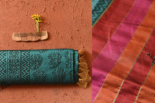 Ramaa . रमा | Hand Embroidered & Block Printed Silk Saree - Bottle Green