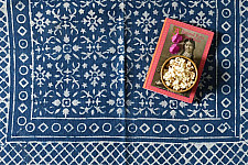 A finite infinity ❧ Indigo Natural Color Dhurrie ( 5 X 3 ) - Dabu Block Print