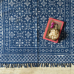 A finite infinity ❧ Indigo Natural Color Dhurrie ( 5 X 3 ) - Dabu Block Print