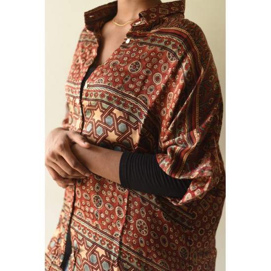 buy Ajrakh Block Printed Modal Silk Shirt - Half Sleeve