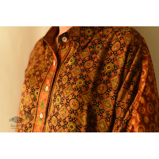 buy Ajrakh Modal Silk Half Sleeve Shirt ~ Mustard Yellow