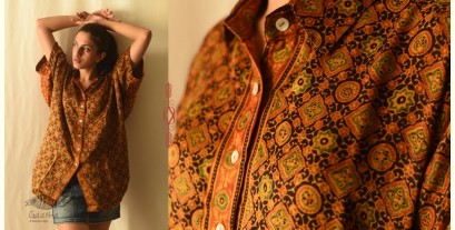 Itr . इत्र | Ajrakh Modal Silk Half Sleeve Shirt ~ Mustard Yellow
