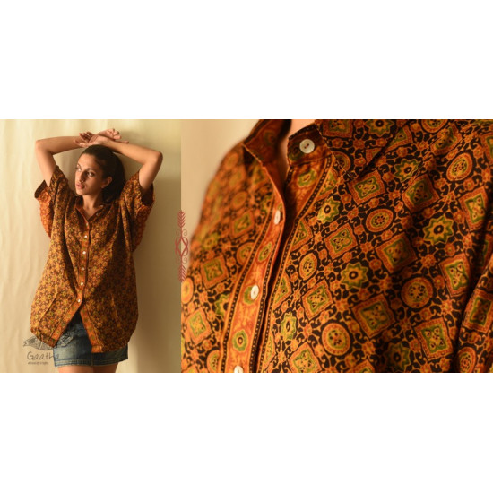 buy Ajrakh Modal Silk Half Sleeve Shirt ~ Mustard Yellow