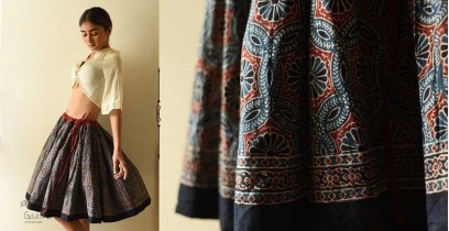 Flowers in a River | Natural Dyed Ajrakh Block Printed Blue Short Skirt